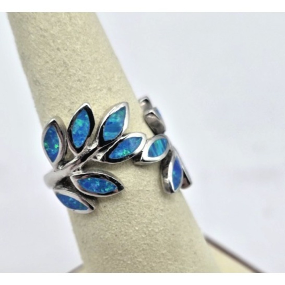 Blue Lab Opal Ring Womens Size 7 Fern Leaf Plant‎ Wrap Sterling Silver 925 NWOT
